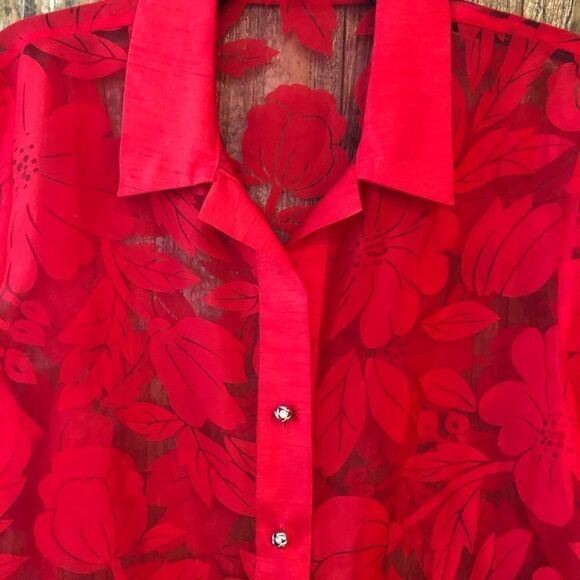 Sheer Button Down L* Floral Red Rhinestone Valentines Evening Relaxed Fit Shirt - Picture 3 of 7